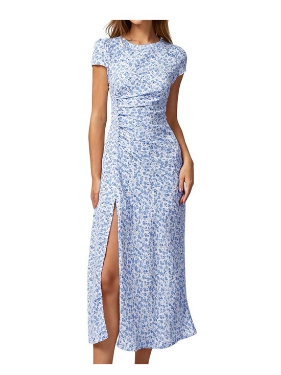 RIHOAS Dresses & Skirts - RIHOAS Light Blue Floral Side-Slit Maxi Dress